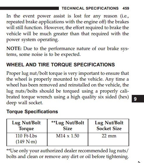 Wheel Lug Nut Torque Chart